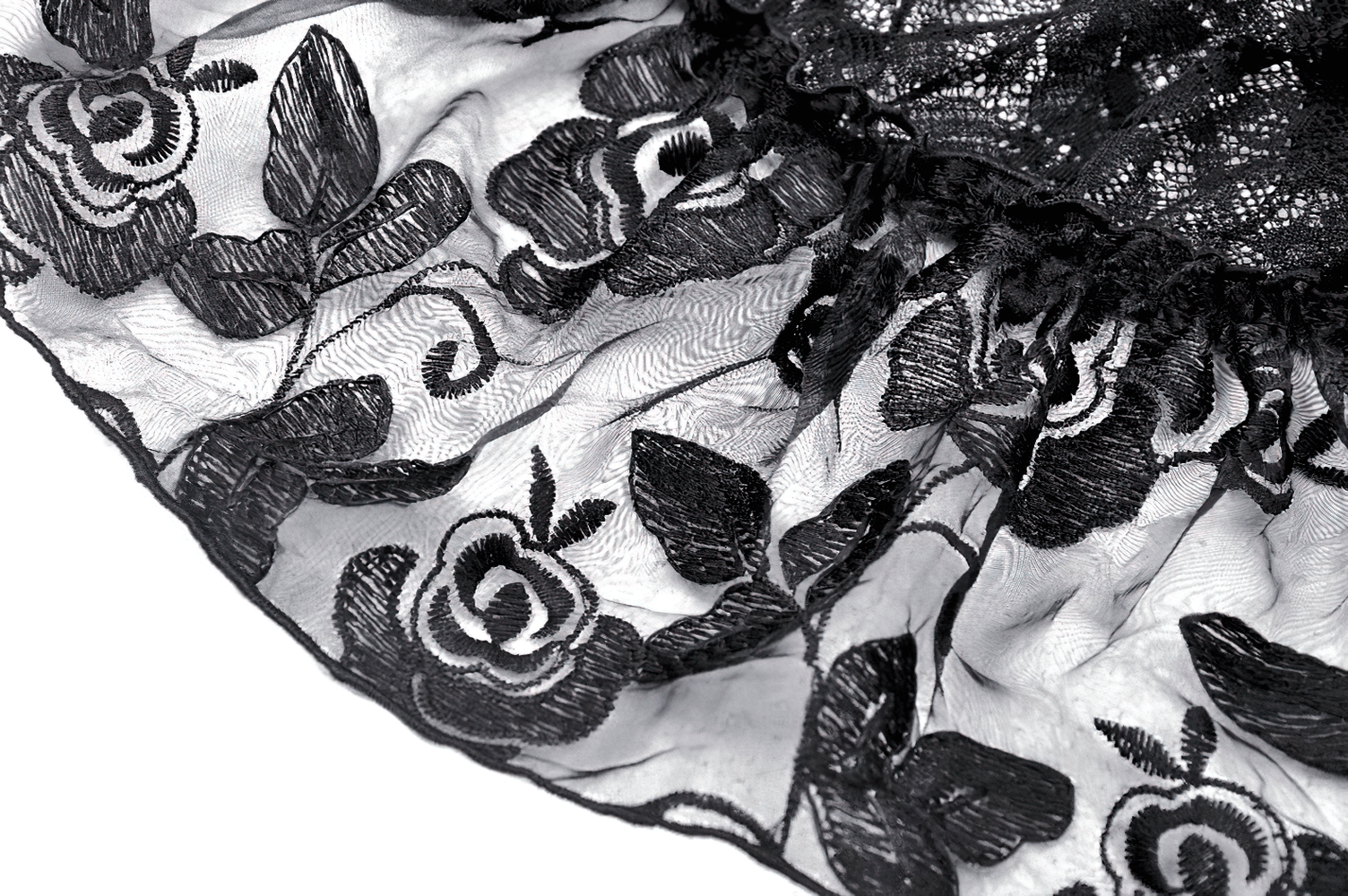 Close-up of elegant black lace fabric featuring intricate floral patterns and ruffle details for a sophisticated tiered skirt.