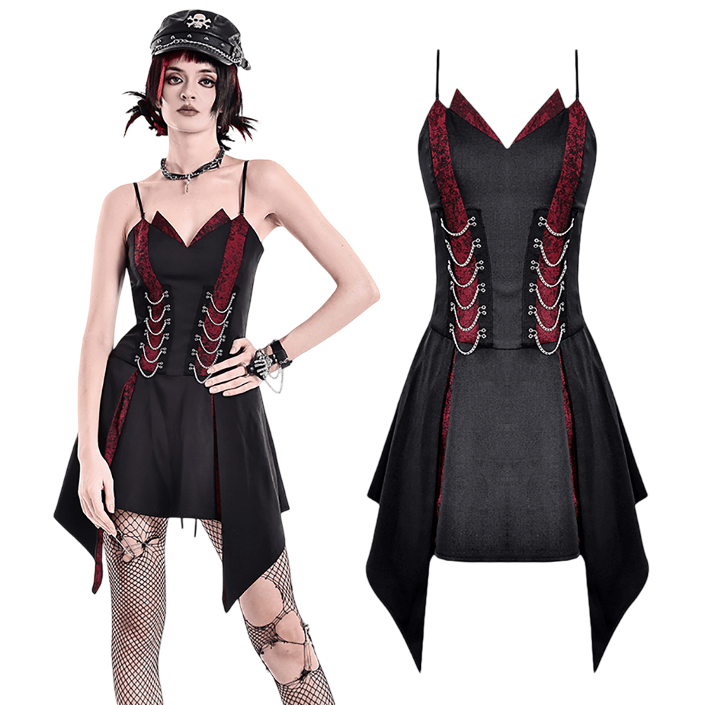 Spaghetti Strap Dress with Wine Red Brocade Panels, black gothic mini dress with red brocade trim and chain details