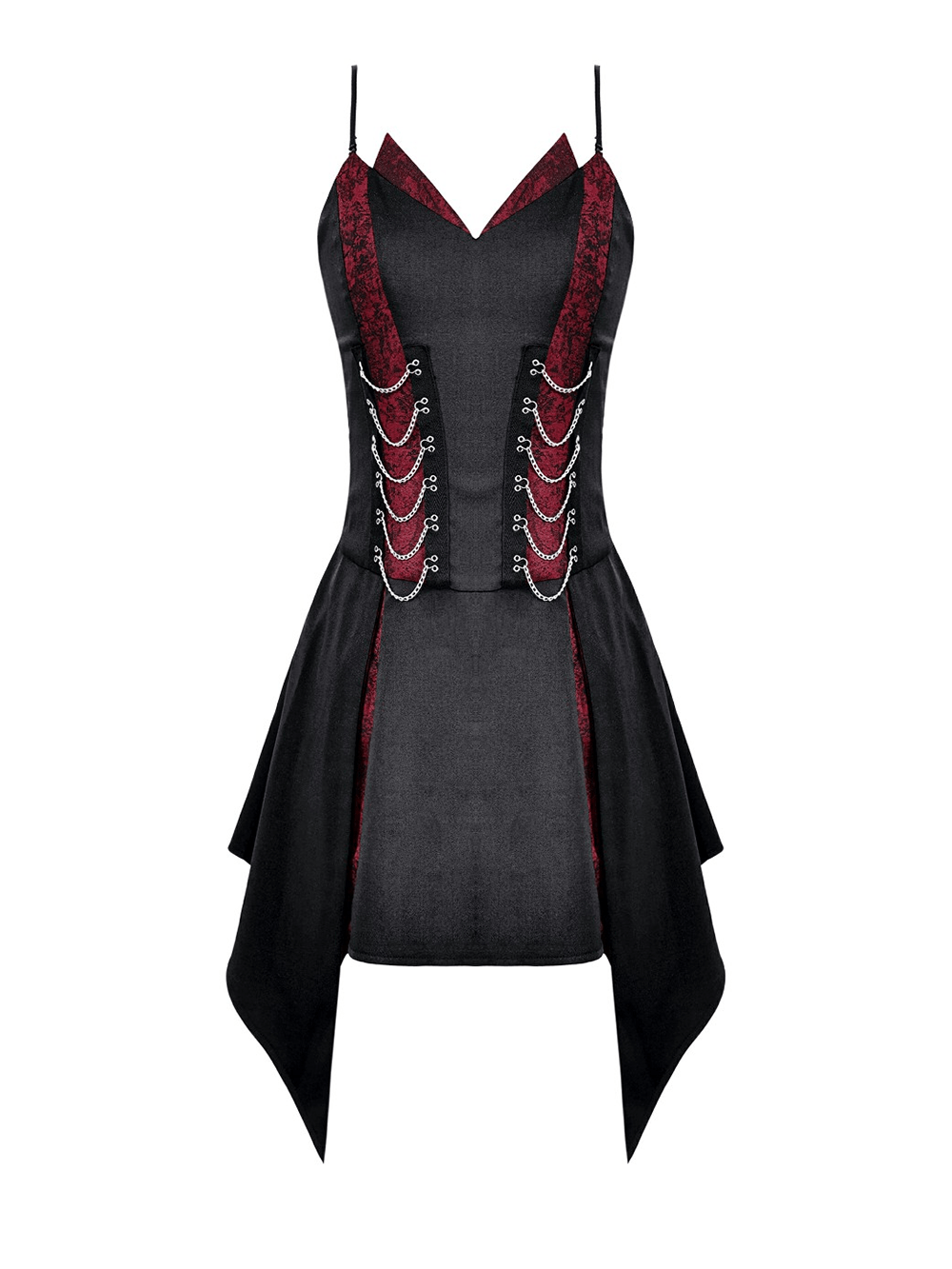 Spaghetti Strap Dress with Wine Red Brocade Panels, black and wine red gothic-inspired mini dress with chain details