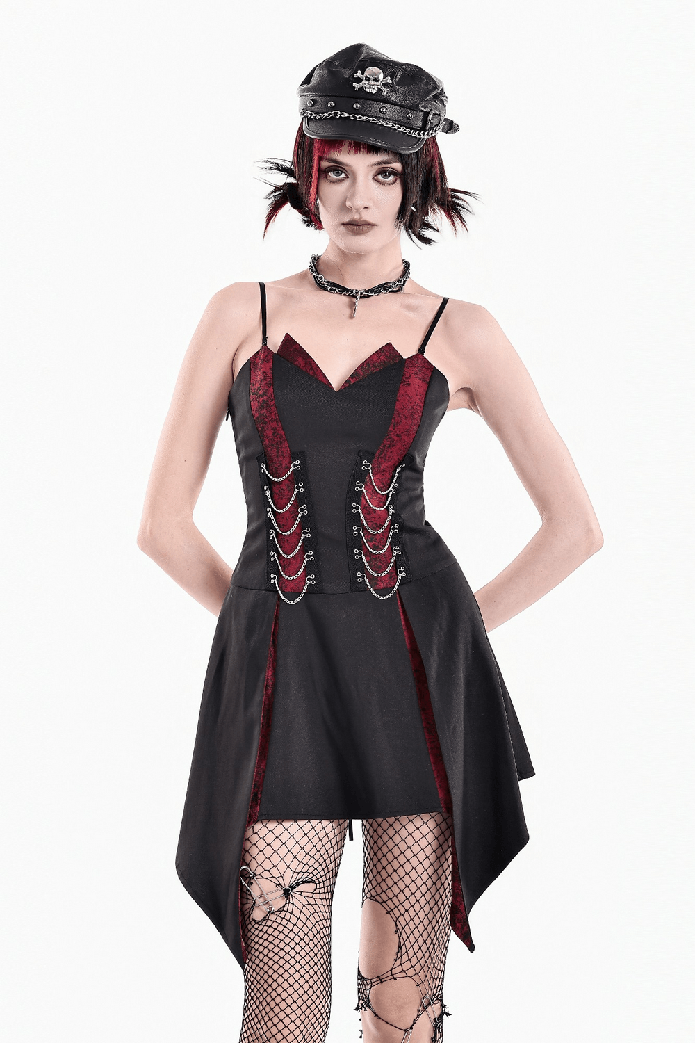 Spaghetti Strap Dress with Wine Red Brocade Panels in black and wine red gothic style, model wearing chain accents