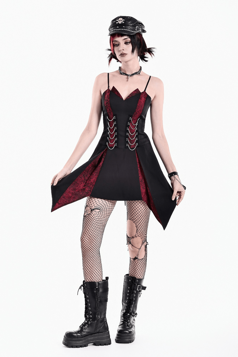 Spaghetti Strap Dress with Wine Red Brocade Panels, gothic black and red mini dress with punk boots