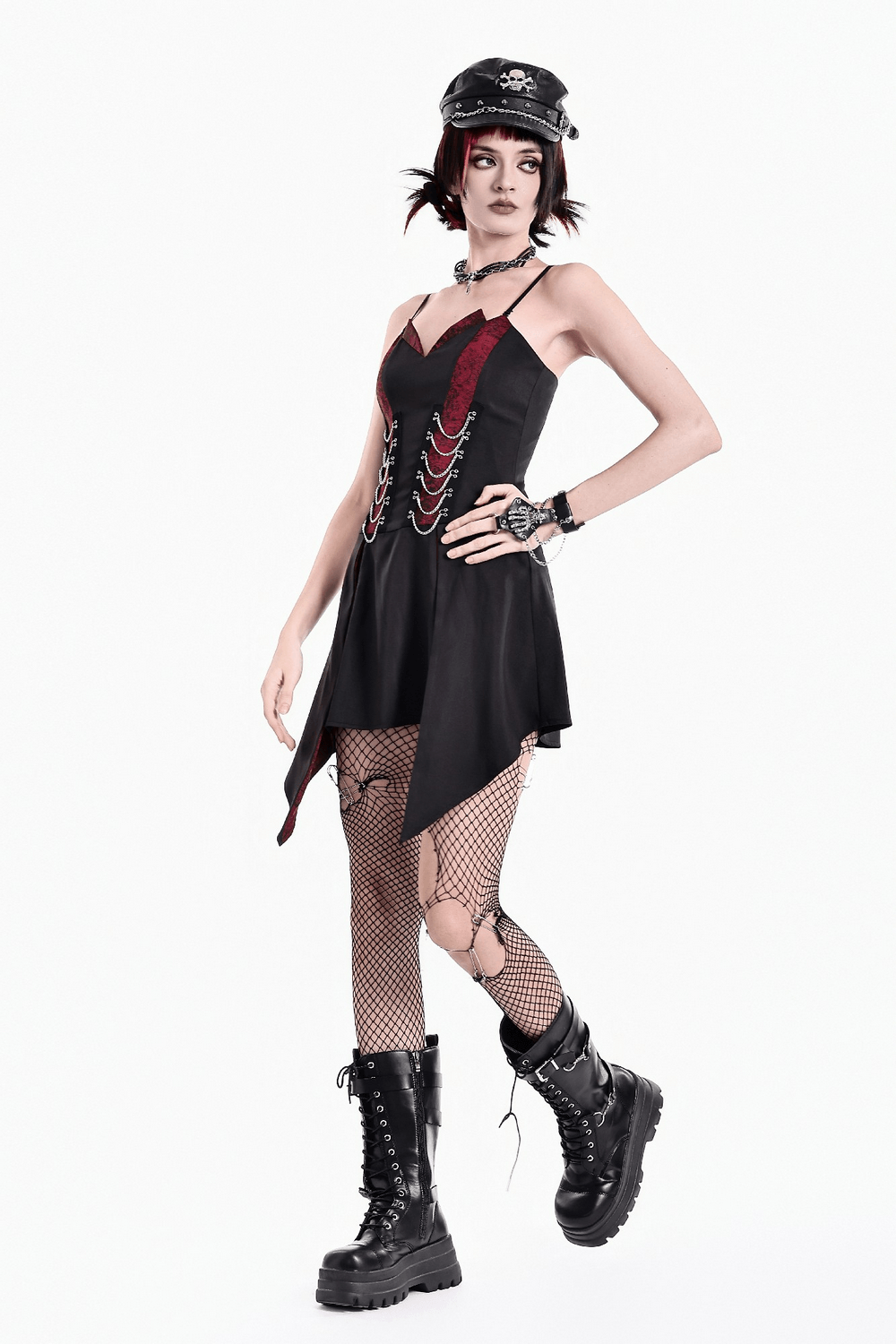 Spaghetti Strap Dress with Wine Red Brocade Panels in gothic black and red style, paired with platform boots