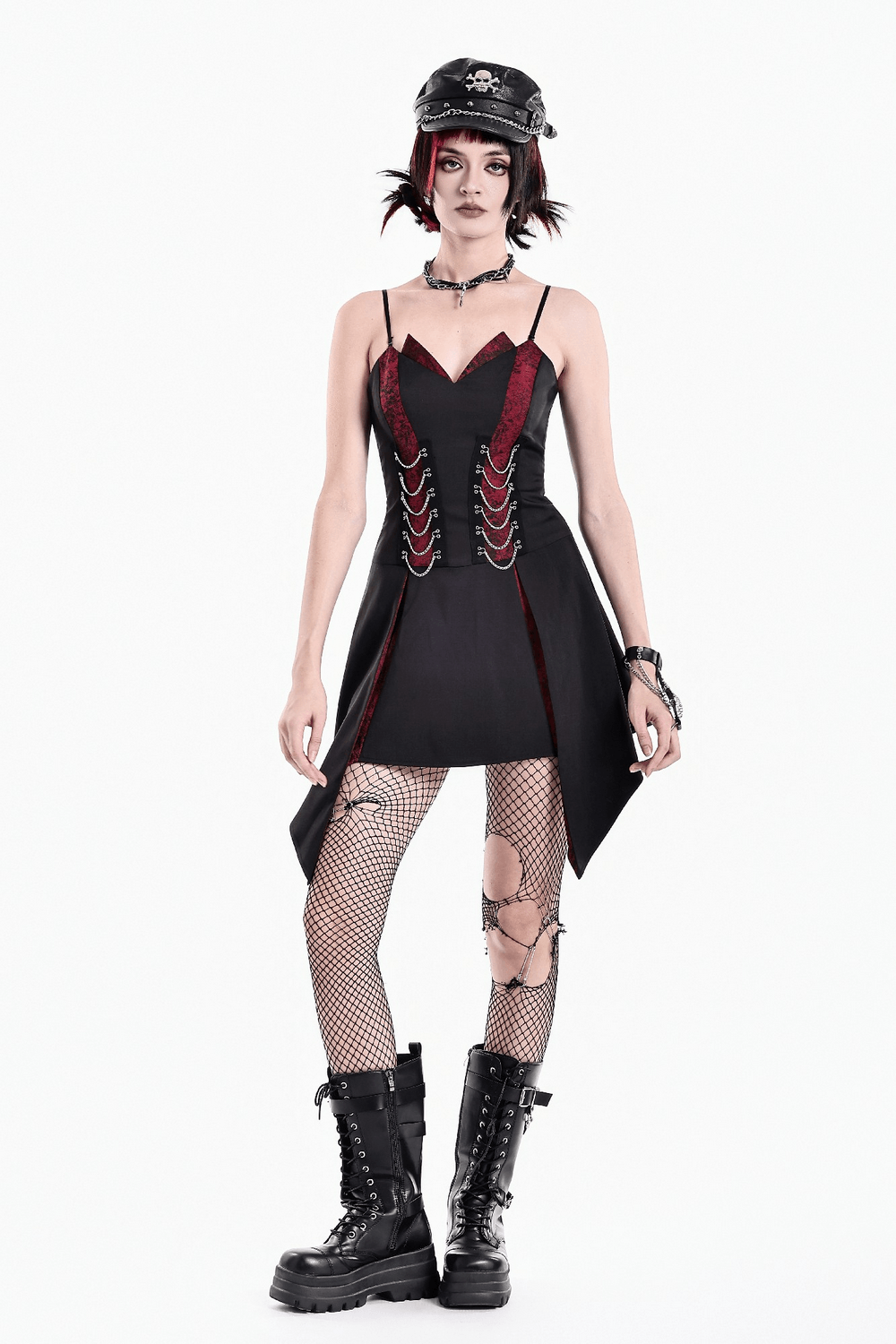 Spaghetti Strap Dress with Wine Red Brocade Panels, edgy black and wine gothic mini dress with chain details
