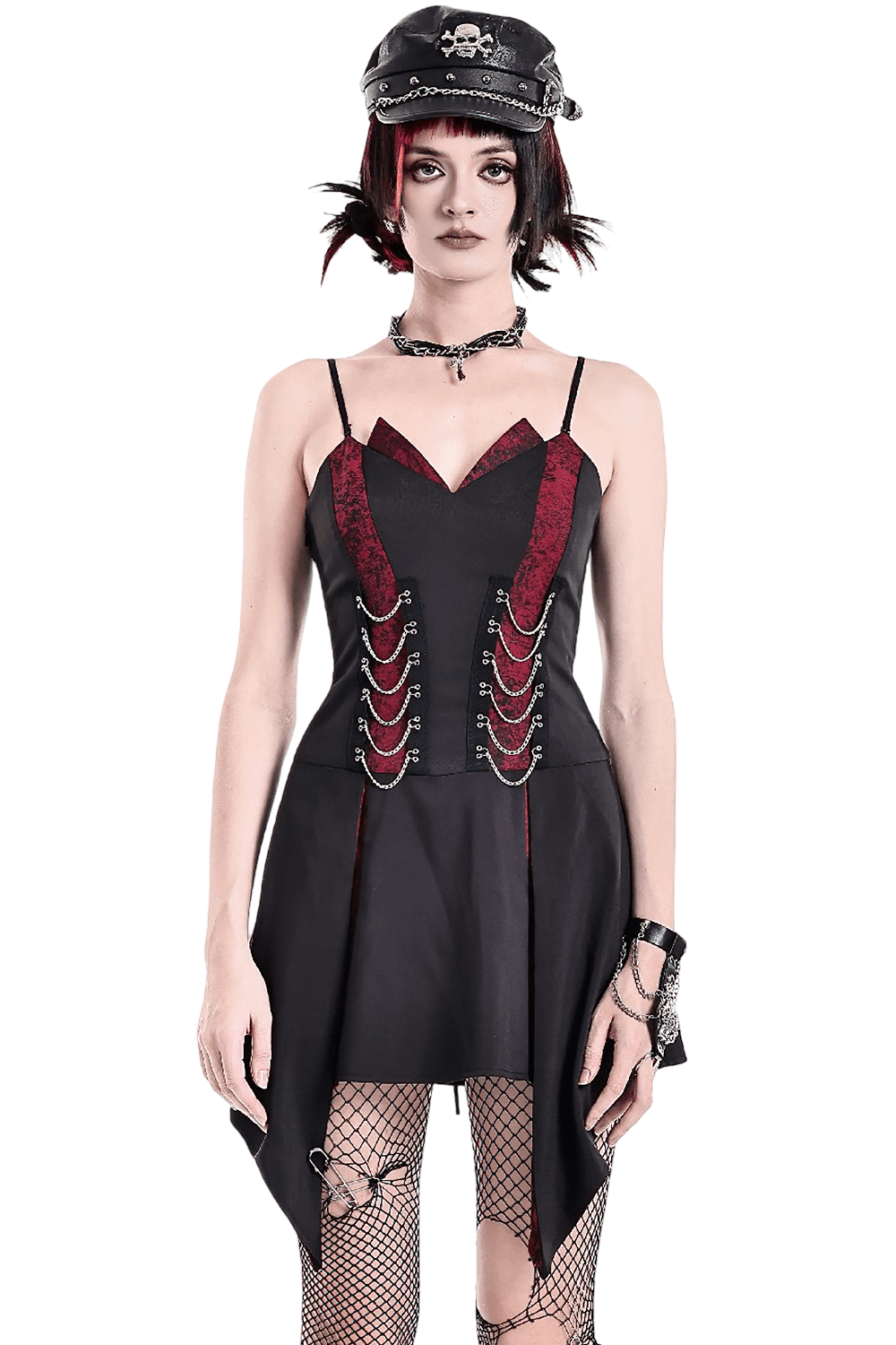 Spaghetti Strap Dress with Wine Red Brocade Panels, gothic black and wine red mini dress with chain details