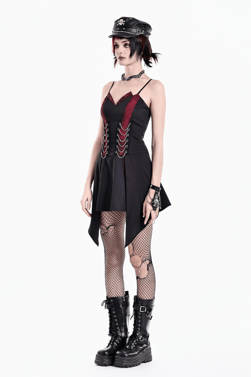 Spaghetti Strap Dress with Wine Red Brocade Panels in black gothic style, paired with fishnet tights and boots
