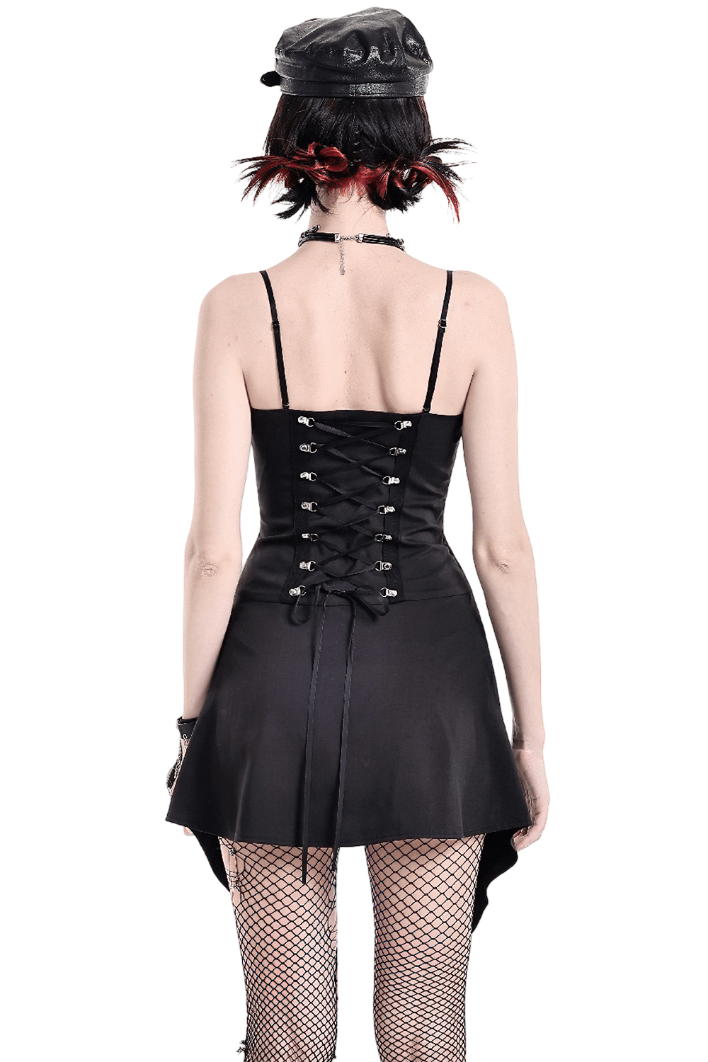 Spaghetti Strap Dress with Wine Red Brocade Panels black corset-back mini dress with edgy gothic style