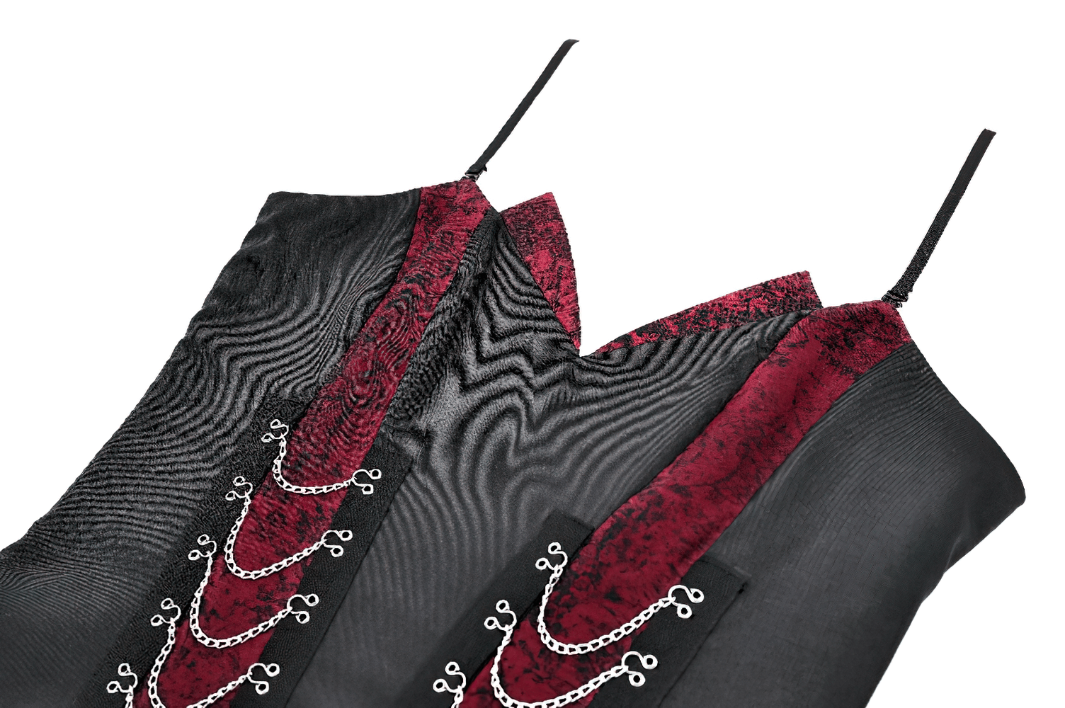 Spaghetti Strap Dress with Wine Red Brocade Panels, black and wine red detailed fashion close-up