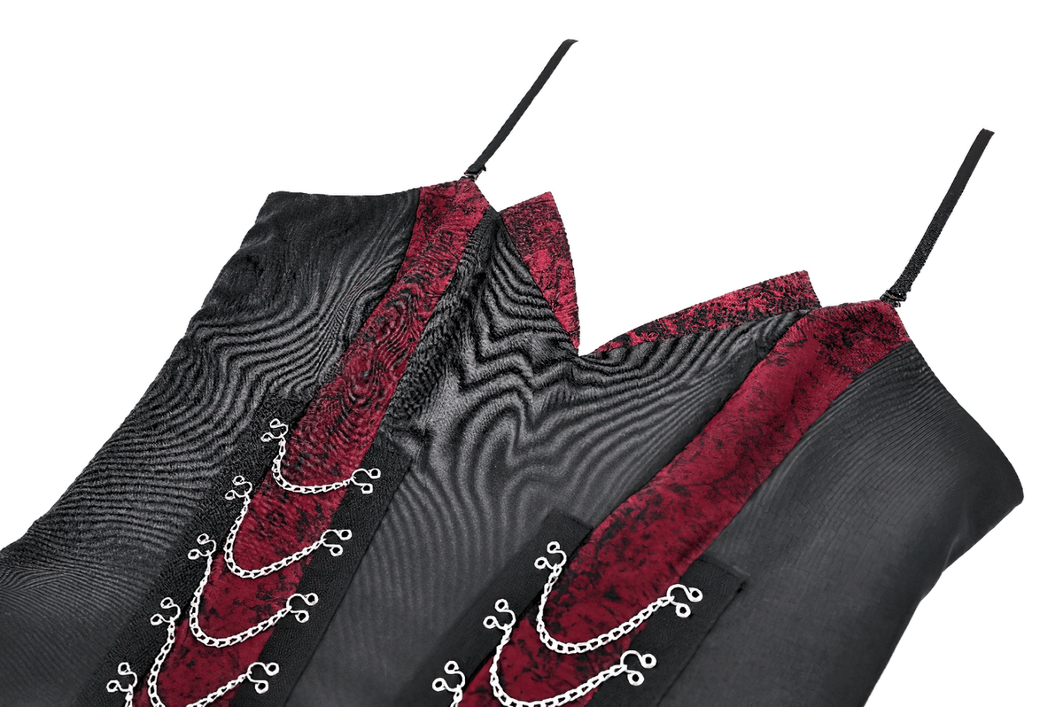 Spaghetti Strap Dress with Wine Red Brocade Panels, black and wine red detailed fashion close-up