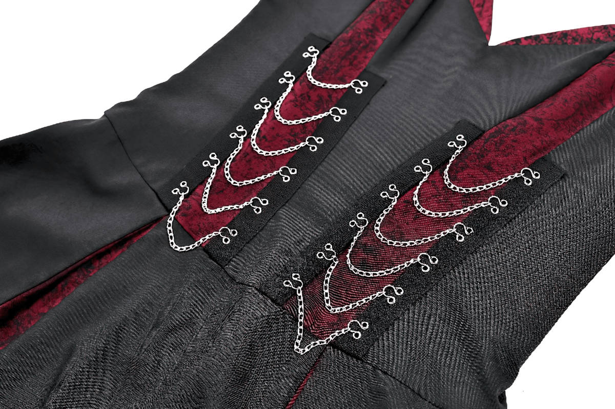 Spaghetti Strap Dress with Wine Red Brocade Panels, black and wine red brocade with silver chain detail