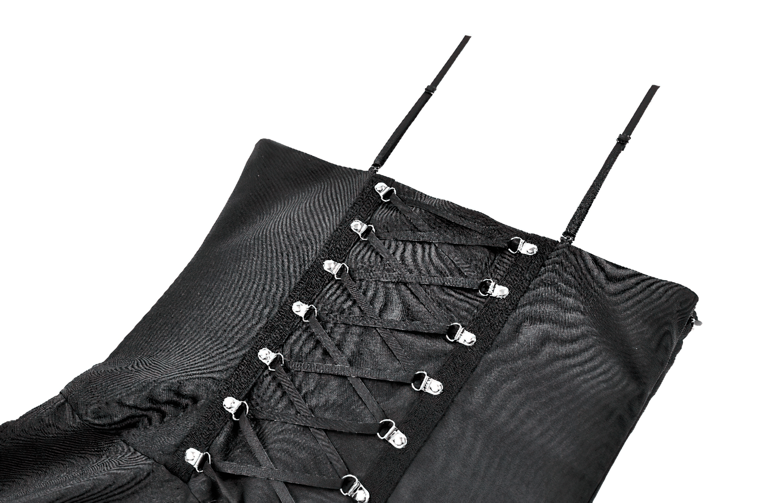 Spaghetti Strap Dress with Wine Red Brocade Panels, sleek black corset-style fashion detail