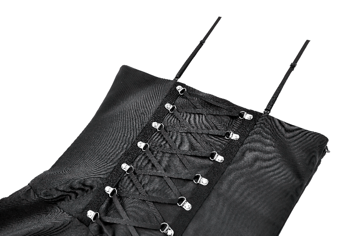 Spaghetti Strap Dress with Wine Red Brocade Panels, sleek black corset-style fashion detail