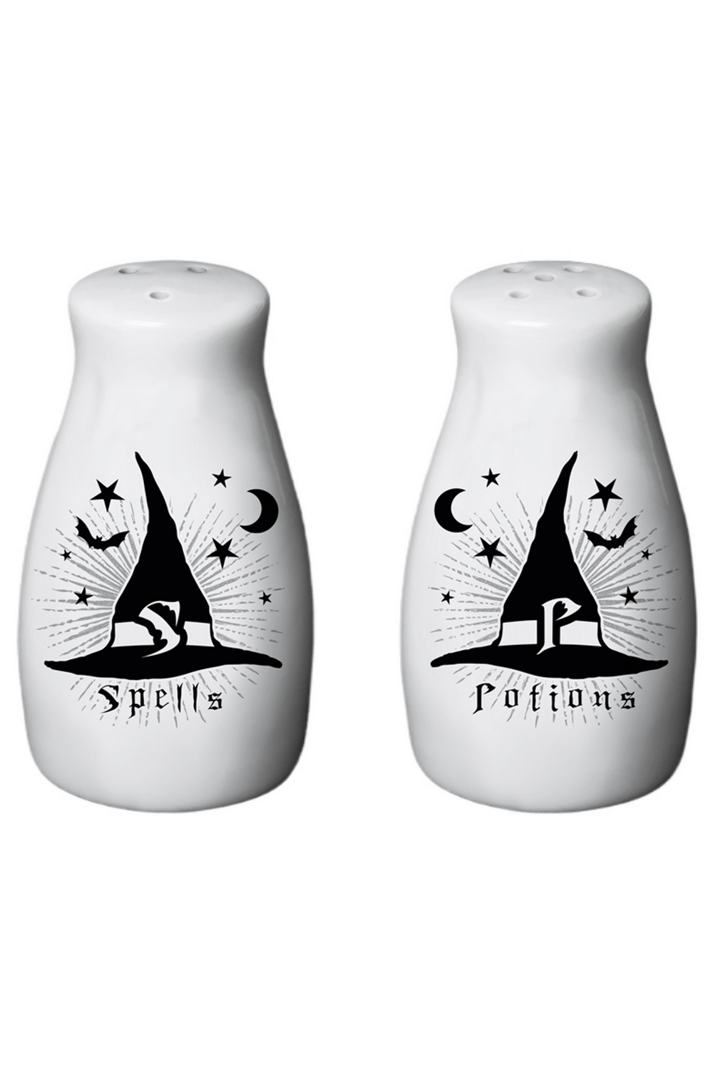 Spells and Potions salt and pepper shaker set featuring witch hat design, moons, stars, and bats for gothic kitchens.