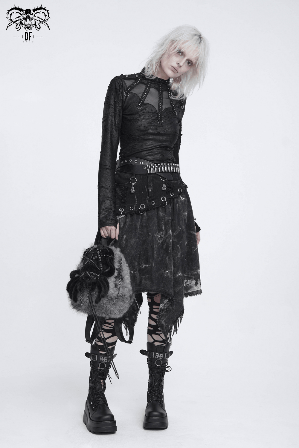 Spider Backpack with Faux Fur and Metal Chain Details worn with goth punk style outfit.