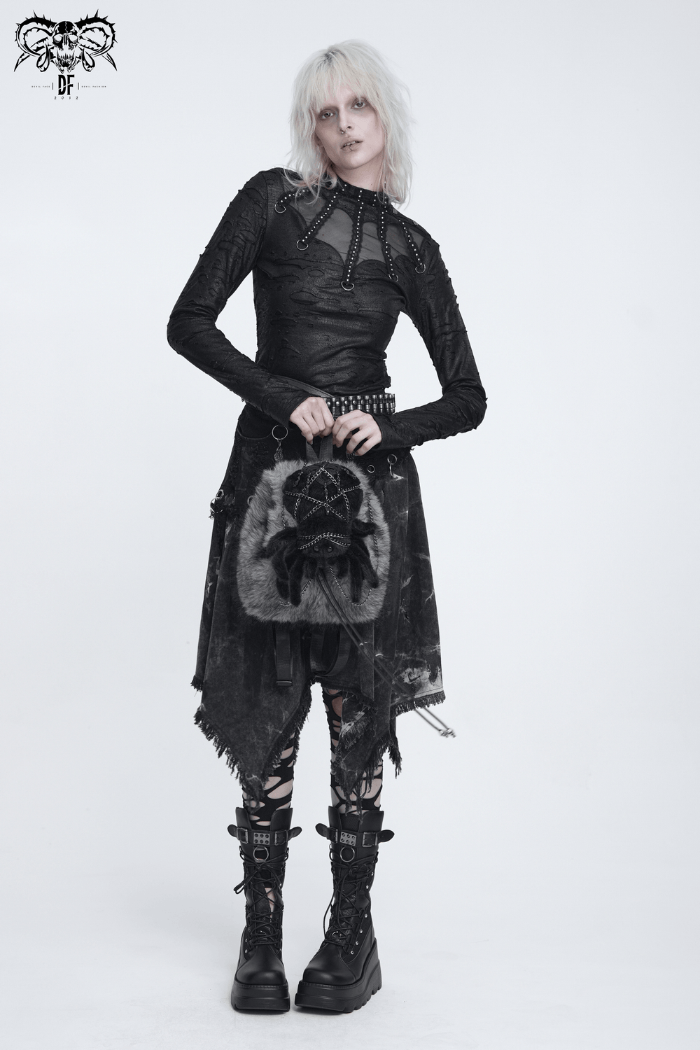 Spider Backpack with Faux Fur and Metal Chain Details, punk fashion with skulls and chains.