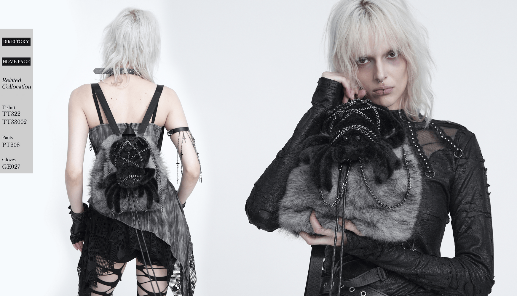 Spider Backpack with Faux Fur and Metal Chain Details worn by a model showcasing its punk style and design.