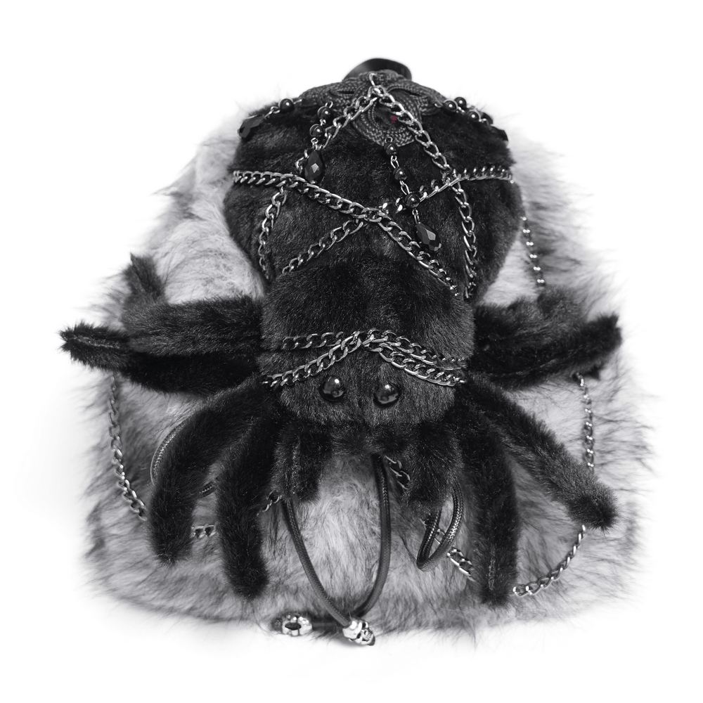 Spider Backpack with Faux Fur and Metal Chain Details - Gothic punk bag with spider design and metal chains.