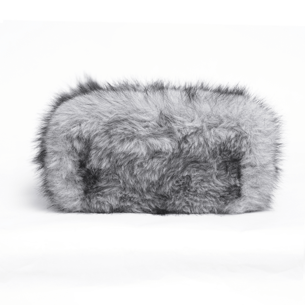 Spider Backpack with Faux Fur and Metal Chain Details in fuzzy grey plush fabric
