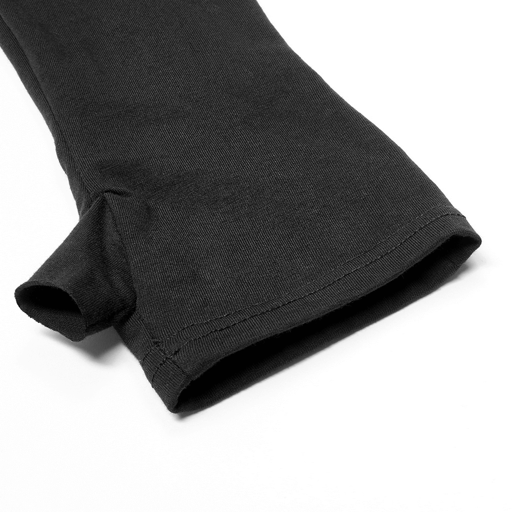 Close-up of black goth gloves showcasing spider mesh detail and unique cut with removable loop feature.