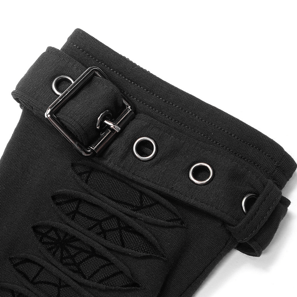 Close-up of spider mesh detail and buckle on spliced goth gloves, showcasing unique gothic style.