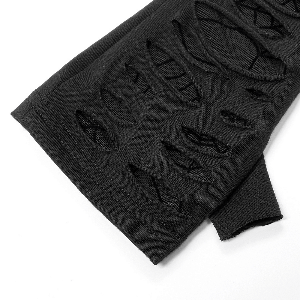 Close-up of spliced black Goth gloves showcasing unique spider mesh cutouts and removable loop.