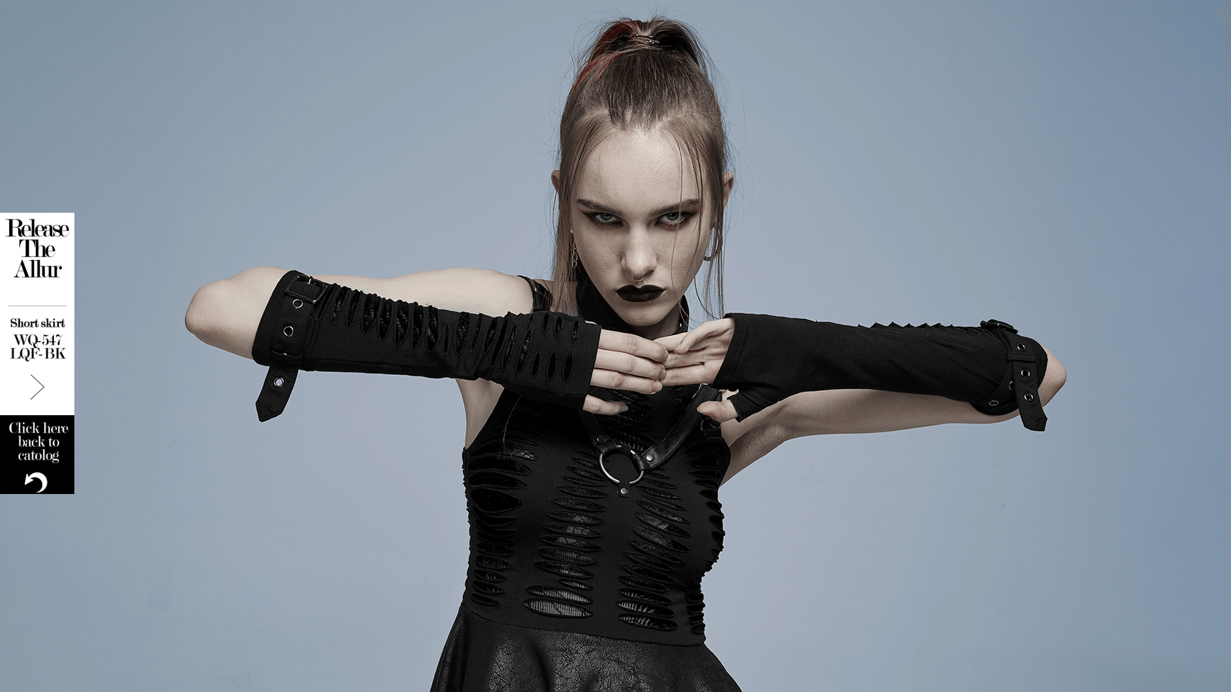 Goth gloves featuring spider mesh detail and removable loop, showcasing unique cut style and individual flair.