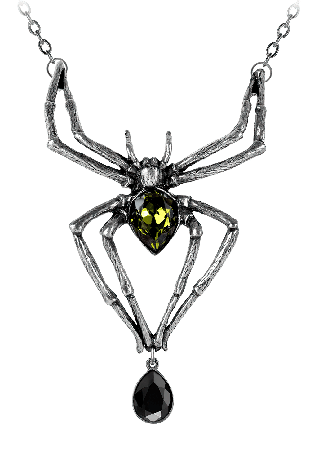 Gothic spider necklace with green and black Austrian crystals on pewter setting, perfect for alternative fashion enthusiasts.