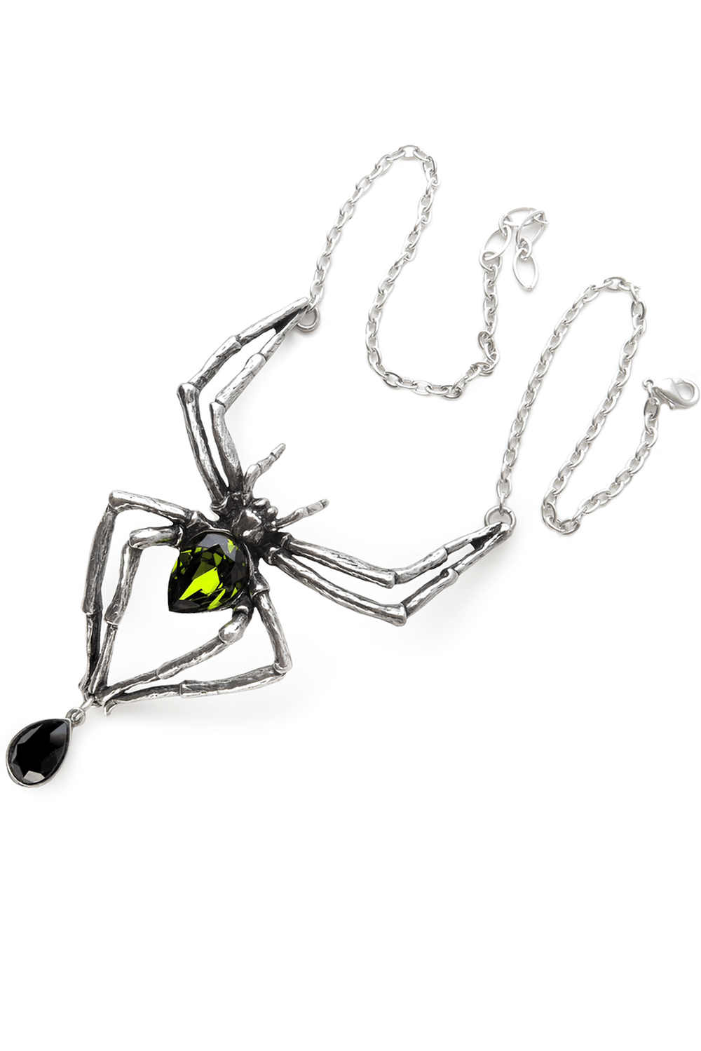 Bold spider necklace with green and black Austrian crystals on a fine chain, perfect for gothic fashion lovers.