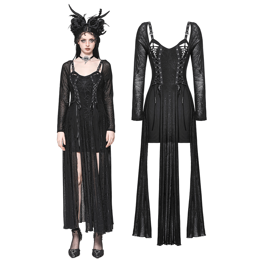 Spiderweb lace-up dress with sheer sleeves, featuring an elegant gothic design and flowing skirt.