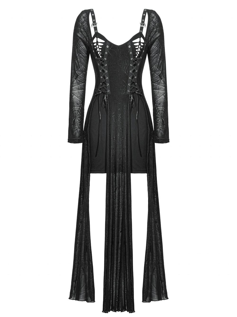 Stylish Spiderweb lace-up dress featuring sheer sleeves and dramatic straps for a trendy look.