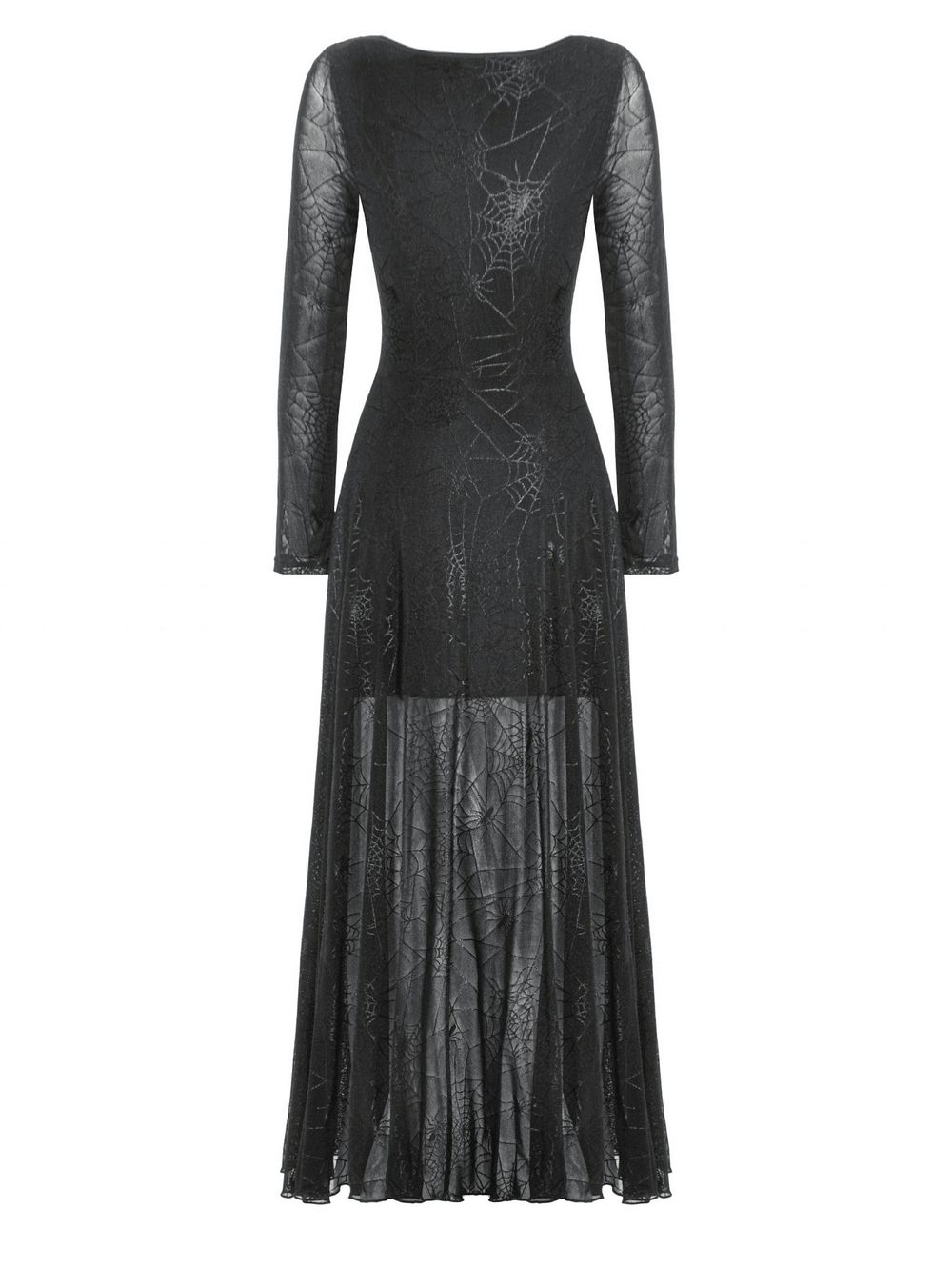 Back view of a Spiderweb Lace-Up Dress featuring sheer sleeves and lace details, perfect for a spooky chic look.