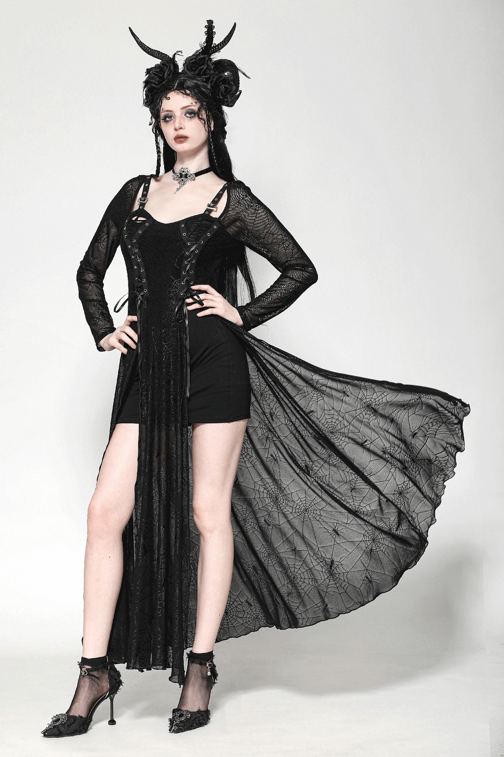 Gothic Spiderweb Lace-Up Dress with sheer sleeves, detailed straps, and a dramatic flowing skirt. Perfect for edgy fashion lovers!