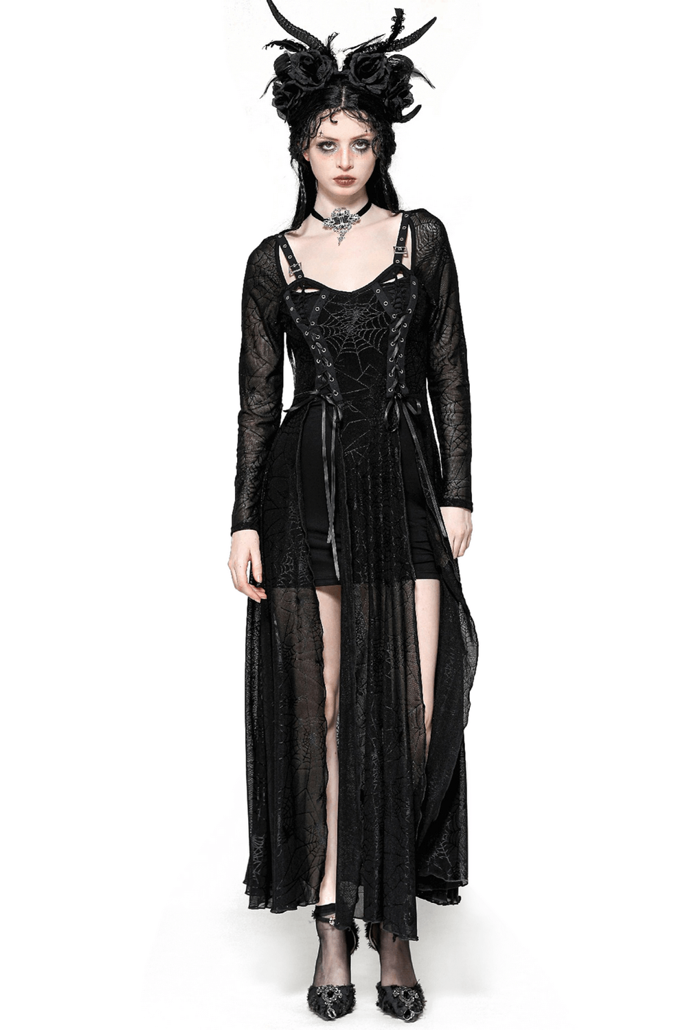 Spiderweb lace-up dress with sheer sleeves, perfect for a gothic look. Stylish black outfit with intricate web details.