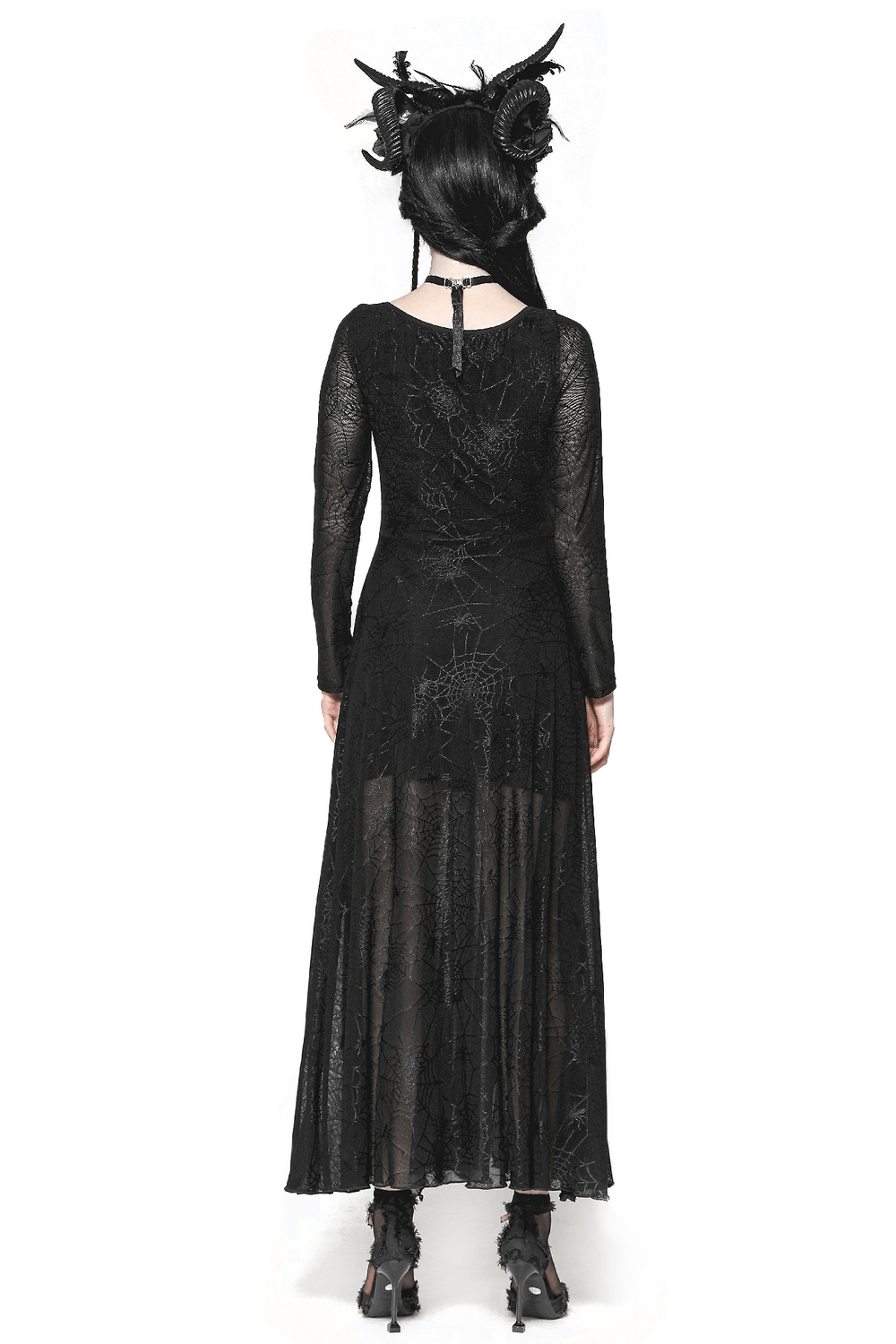 Back view of the Spiderweb Lace-Up Dress with sheer sleeves, perfect for a gothic or Halloween-themed look.