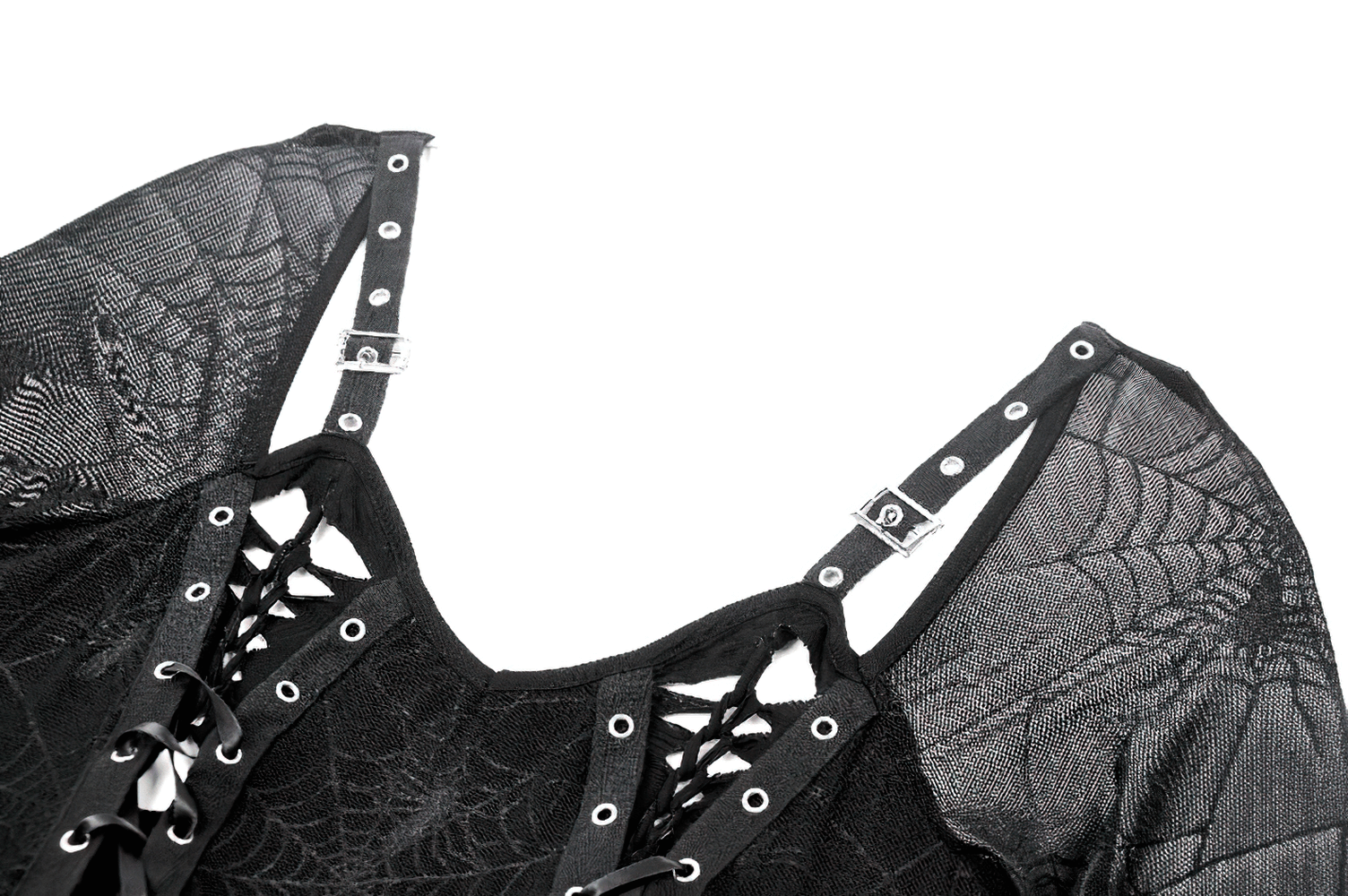 Close-up of the Spiderweb Lace-Up Dress featuring sheer sleeves and intricate lace detailing.