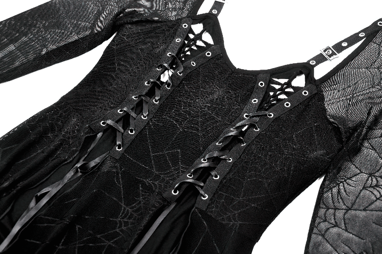 Spiderweb lace-up dress featuring sheer sleeves and straps, perfect for a gothic-inspired look.