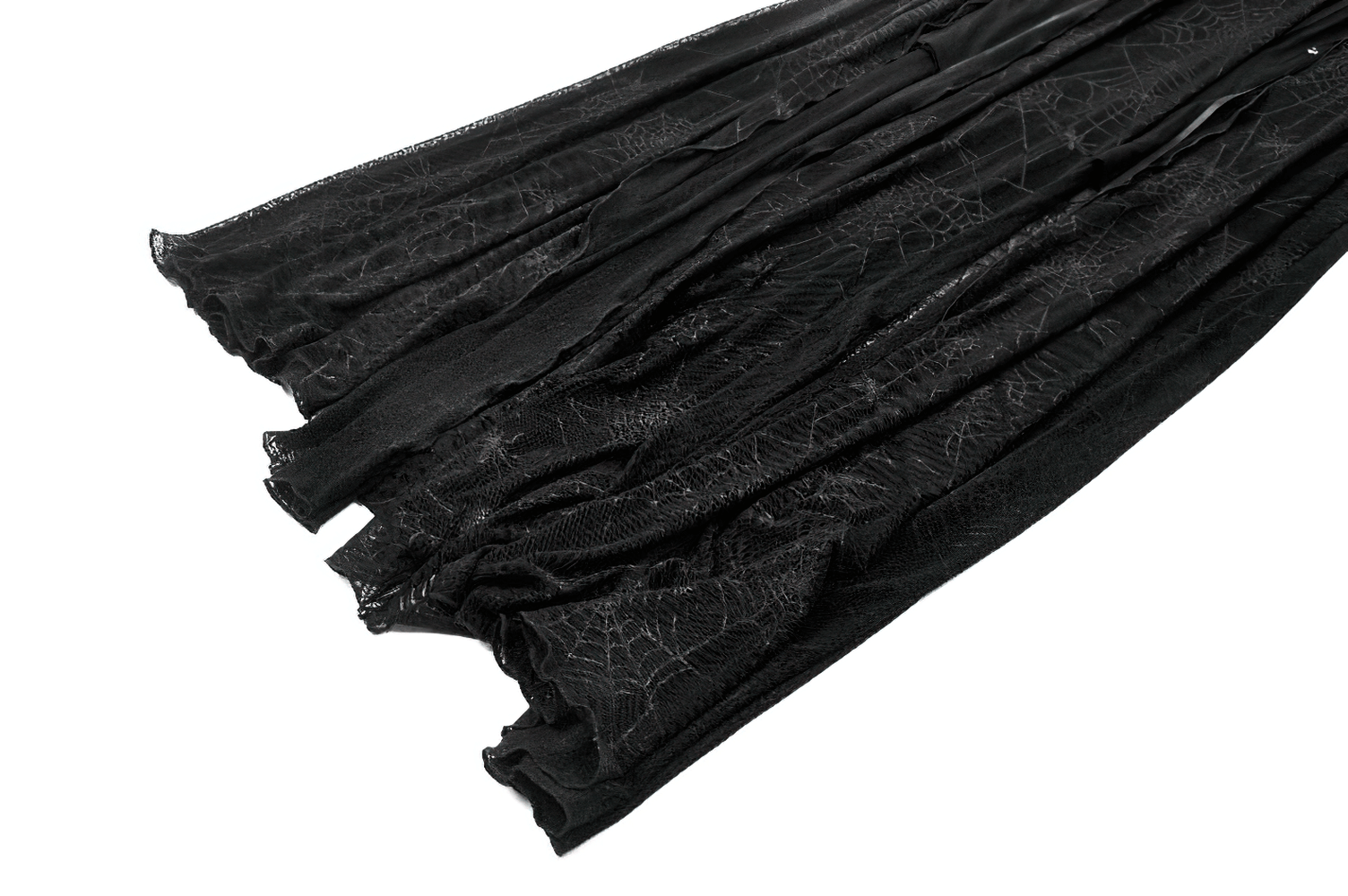 Close-up of black spiderweb lace fabric with intricate patterns, perfect for a stylish lace-up dress.