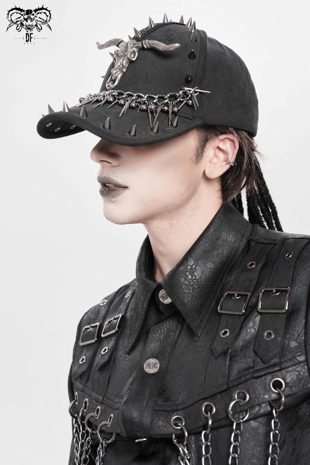 Spiked Bull Skull Chain Gothic Baseball Cap for Rockers worn with edgy leather outfit and bold makeup.