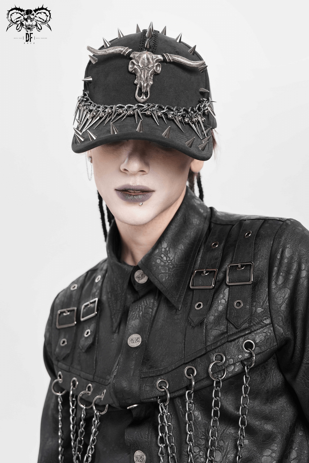 Spiked Bull Skull Chain Gothic Baseball Cap for Rockers worn by model with leather jacket and chains.