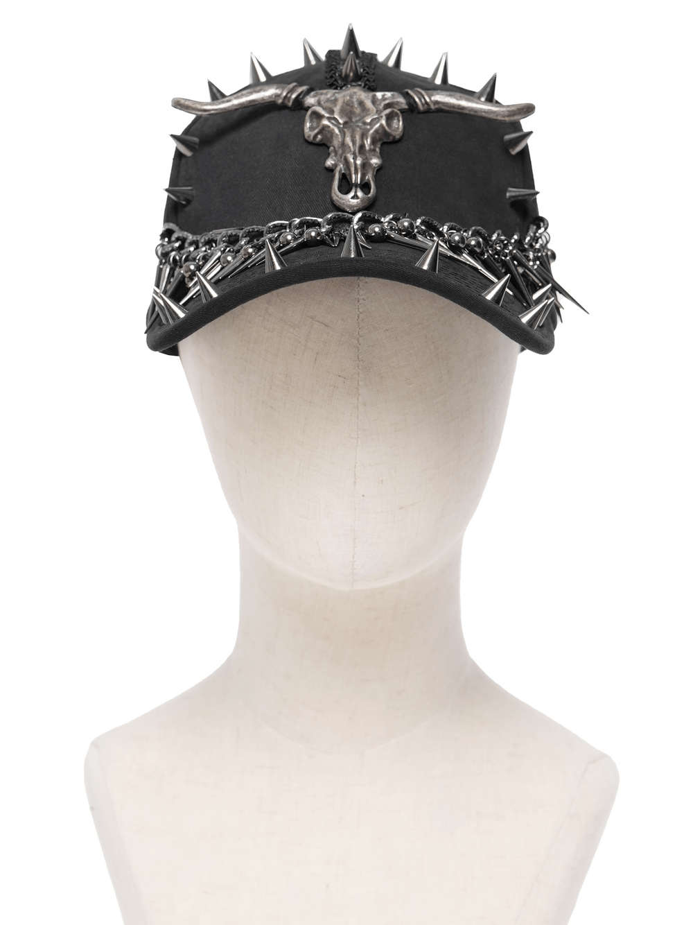 Spiked Bull Skull Chain Gothic Baseball Cap for Rockers with spikes and chains for a punk look.