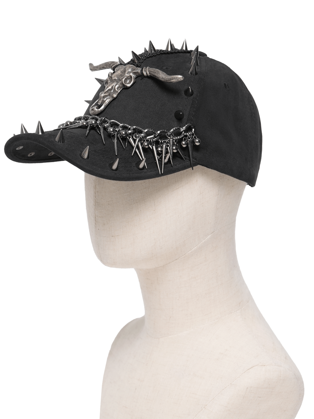 Spiked Bull Skull Chain Gothic Baseball Cap for Rockers with spikes and chains side view displayed on a mannequin.