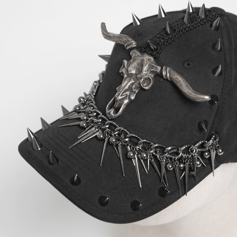 Spiked Bull Skull Chain Gothic Baseball Cap for Rockers with metal spikes and chain details, perfect for punk style.