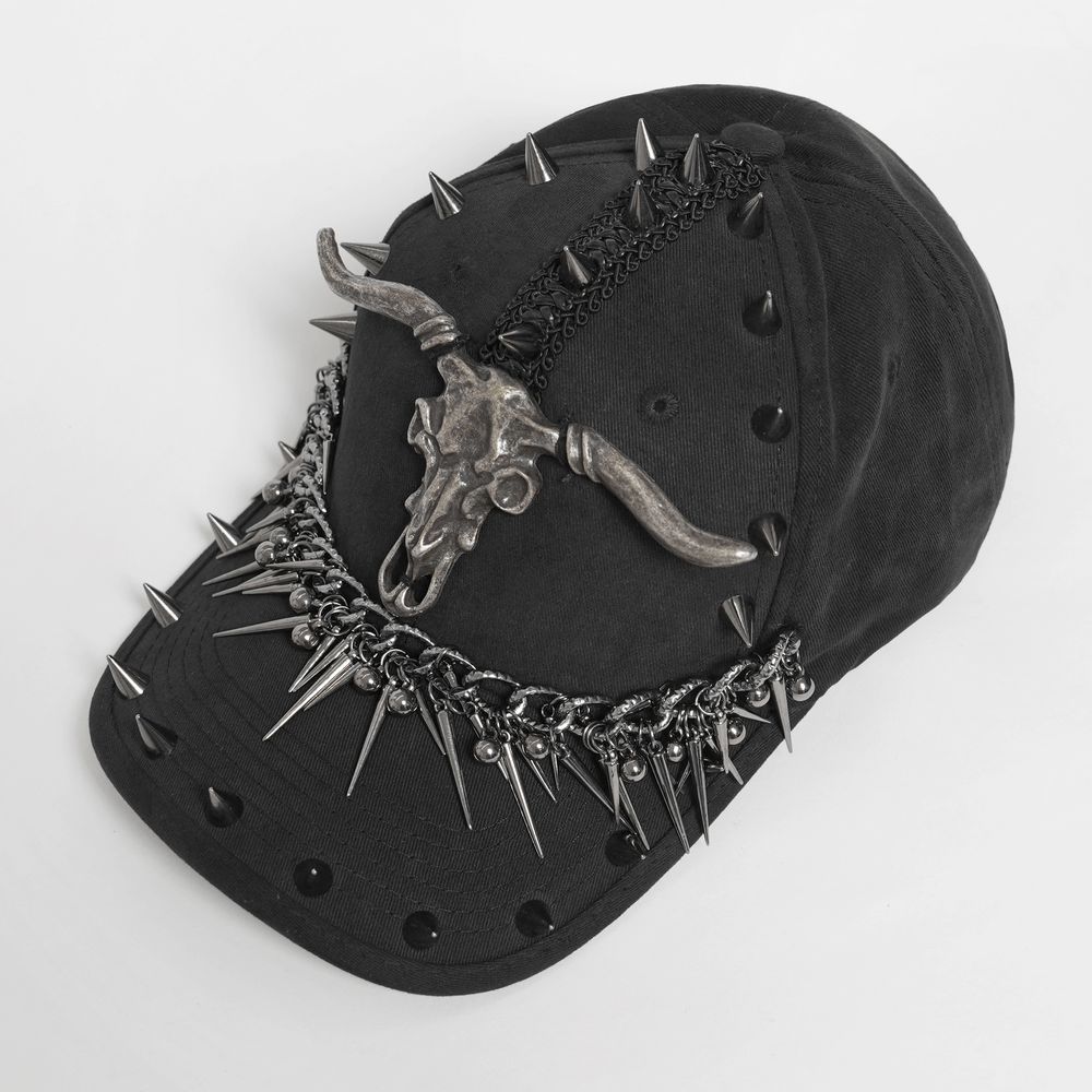 Spiked Bull Skull Chain Gothic Baseball Cap for Rockers with metal spikes and chains, perfect for punk fashion.