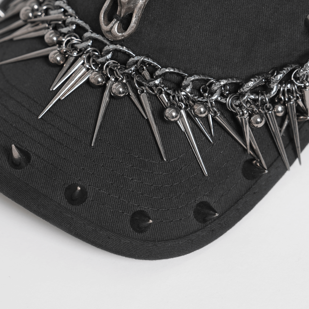 Spiked Bull Skull Chain Gothic Baseball Cap for Rockers showcasing metal spikes and chain detailing.
