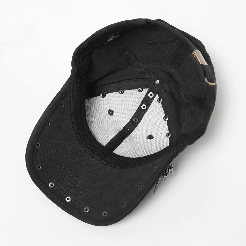 Inside view of the Spiked Bull Skull Chain Gothic Baseball Cap for Rockers showcasing its studded details.