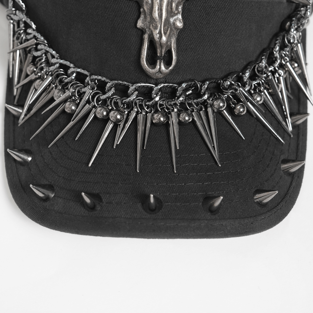 Spiked Bull Skull Chain Gothic Baseball Cap for Rockers with metal spikes and chains, perfect for punk rock style.