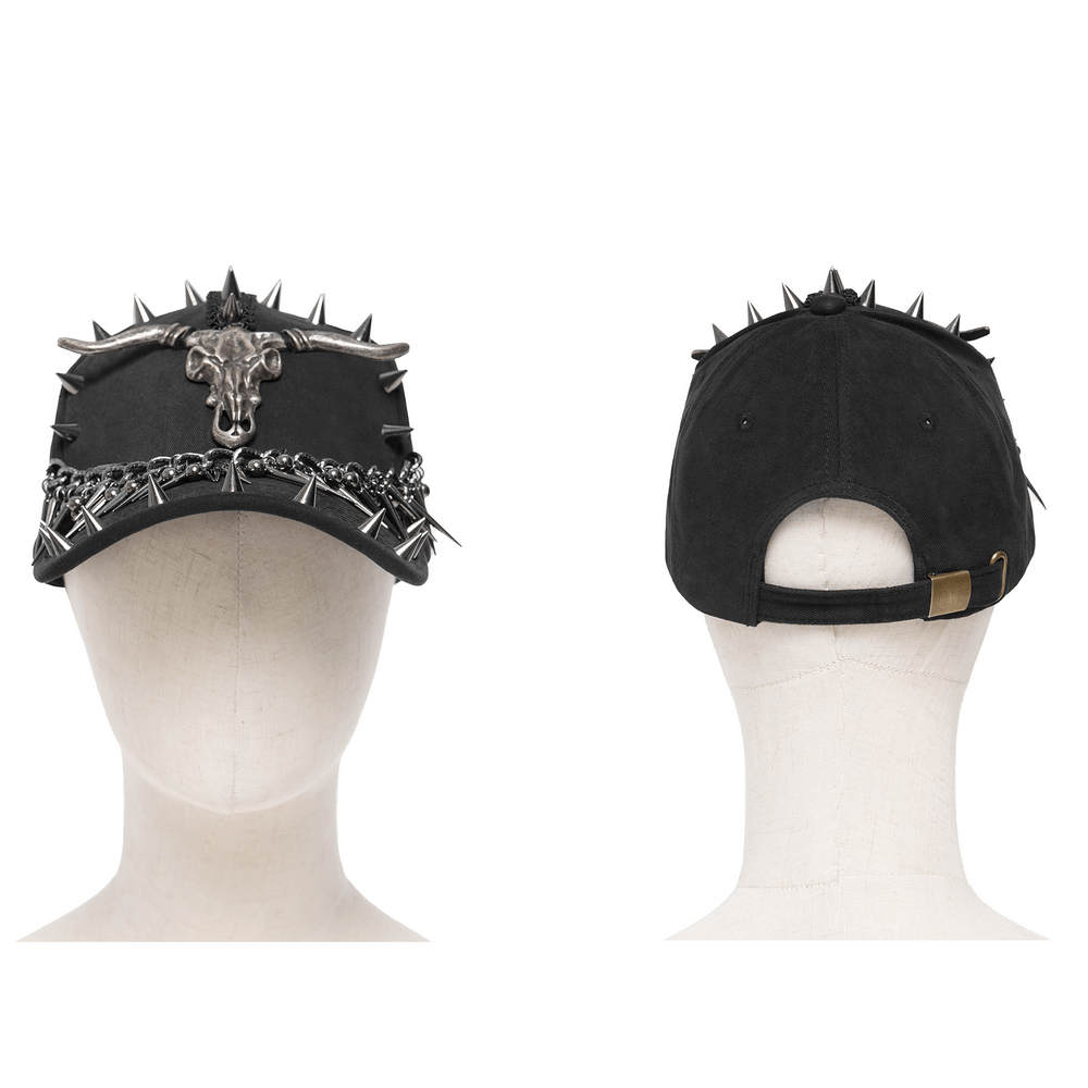Spiked Bull Skull Chain Gothic Baseball Cap for Rockers showcasing spikes and chains for a punk rock look