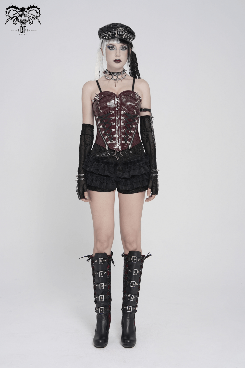 Spiked Burgundy Faux Leather Gothic Corset Top with Zips on model, showcasing a punk style with lace-up back and zippers.