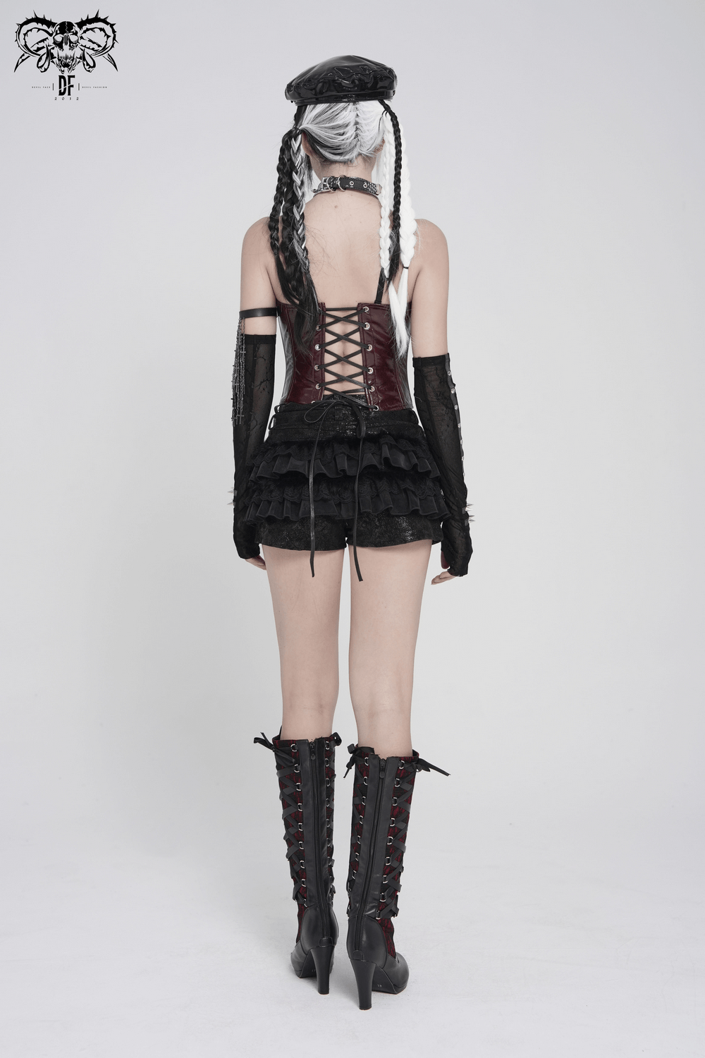 Spiked Burgundy Faux Leather Gothic Corset Top with Zips, featuring lace-up back and stylish punk details.