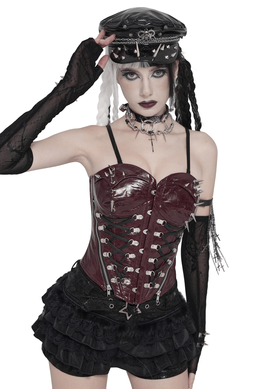 Spiked Burgundy Faux Leather Gothic Corset Top with Zips styled with punk accessories and ruffled black skirt.