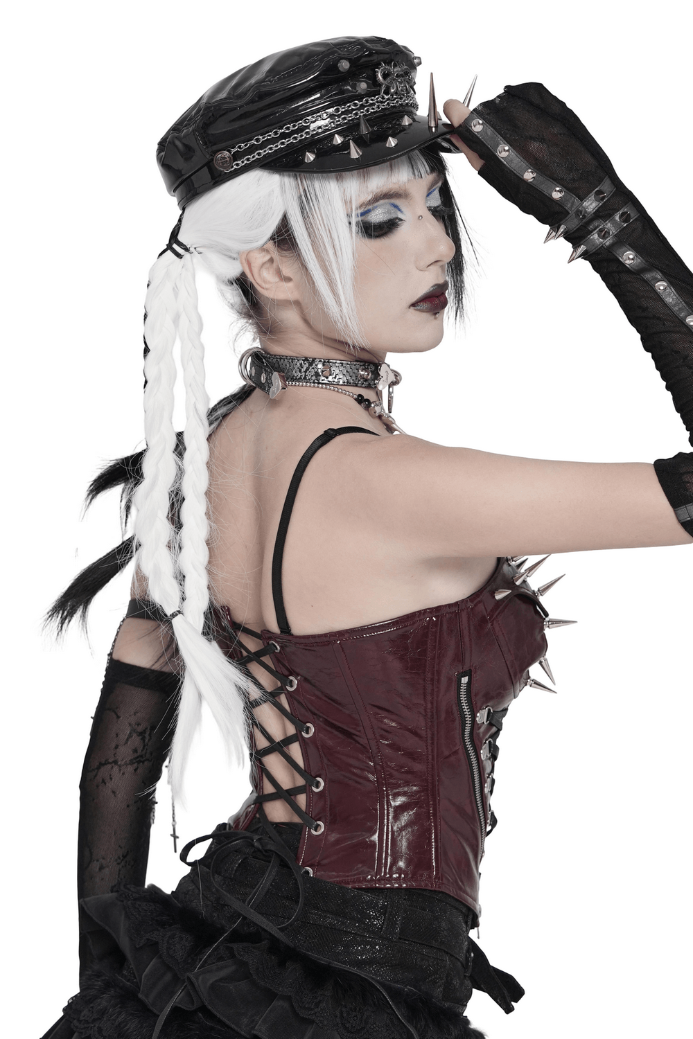 Spiked Burgundy Faux Leather Gothic Corset Top with Zips showcased in a bold punk style with spiked details and lace-up back.